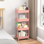 Sywhitta 4-Tier Plastic Rolling Utility Cart with Handle, Multi-Functional Storage Trolley for Office, Living Room, Kitchen, Movable Storage Organizer with Wheels, Pink