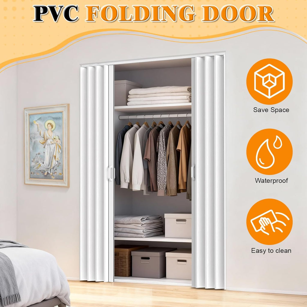 60" x 80" PVC Accordion Door, White Double Layer PVC Folding Interior Door with Sliding Track Kit, Space-Saving Closet Door, No Floor Track, Dual-Sided Handle & Latch, Easy to Install and Clean (B)
