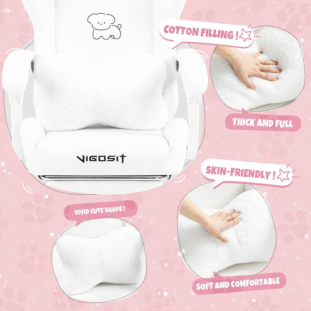 Vigosit White Dog Gaming Chair - Kawaii Design for Competitive Gamers & Adults, Ergonomic High Back with Lumbar Support, 310lbs Capacity