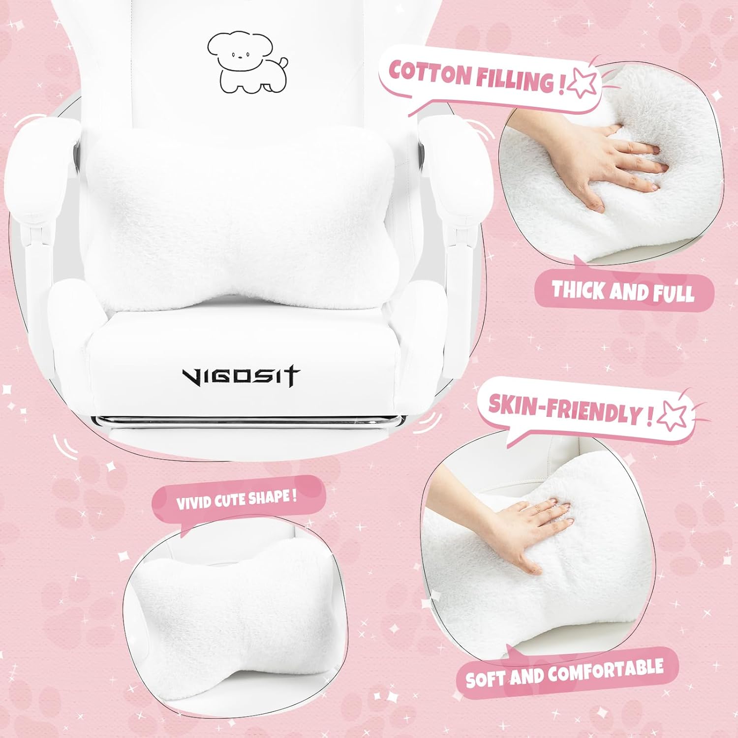 Vigosit White Dog Gaming Chair - Kawaii Design for Competitive Gamers & Adults, Ergonomic High Back with Lumbar Support, 310lbs Capacity