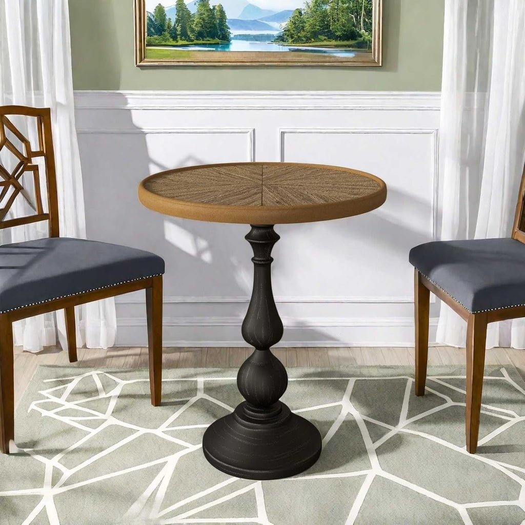 Vintage Round Accent Table with Carved Wood Detailing and Black Pedestal Base, 19.9” Diameter, 23.4” Height - Ideal for Living Room or Entryway Decor