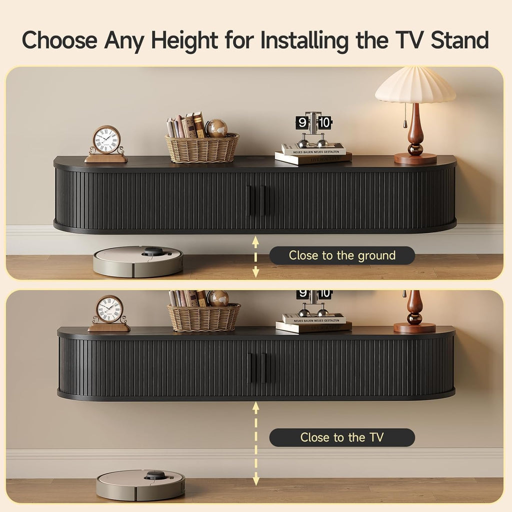 55" Floating TV Stand with Power Outlet for TVs up to 65", Fluted Entertainment Center with Remote Control for LED Lights, Mid-Century Modern TV Console w/Sliding Door for Living Room, Bedroom Black