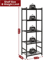 Storage Shelves, 5-Tier Metal Shelving Unit with Adjustable Feet, Compact Shelf Organizer for Garage, Kitchen, Pantry and Closet Organization,17.7" x 11.8" x 56.3", Black