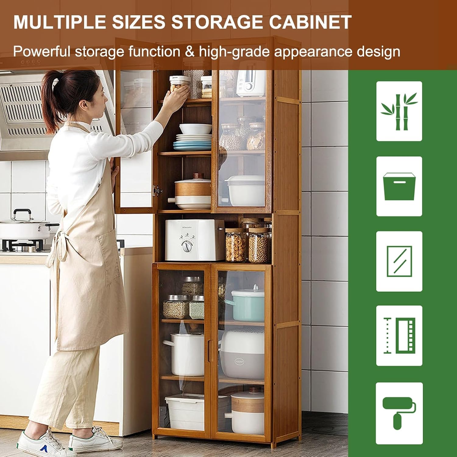 Modern Kitchen Pantry Storage Cabinet with Wine Rack and Microwave Stand Tall Buffet Cabinet with Adjustable Shelves 150×60cm
