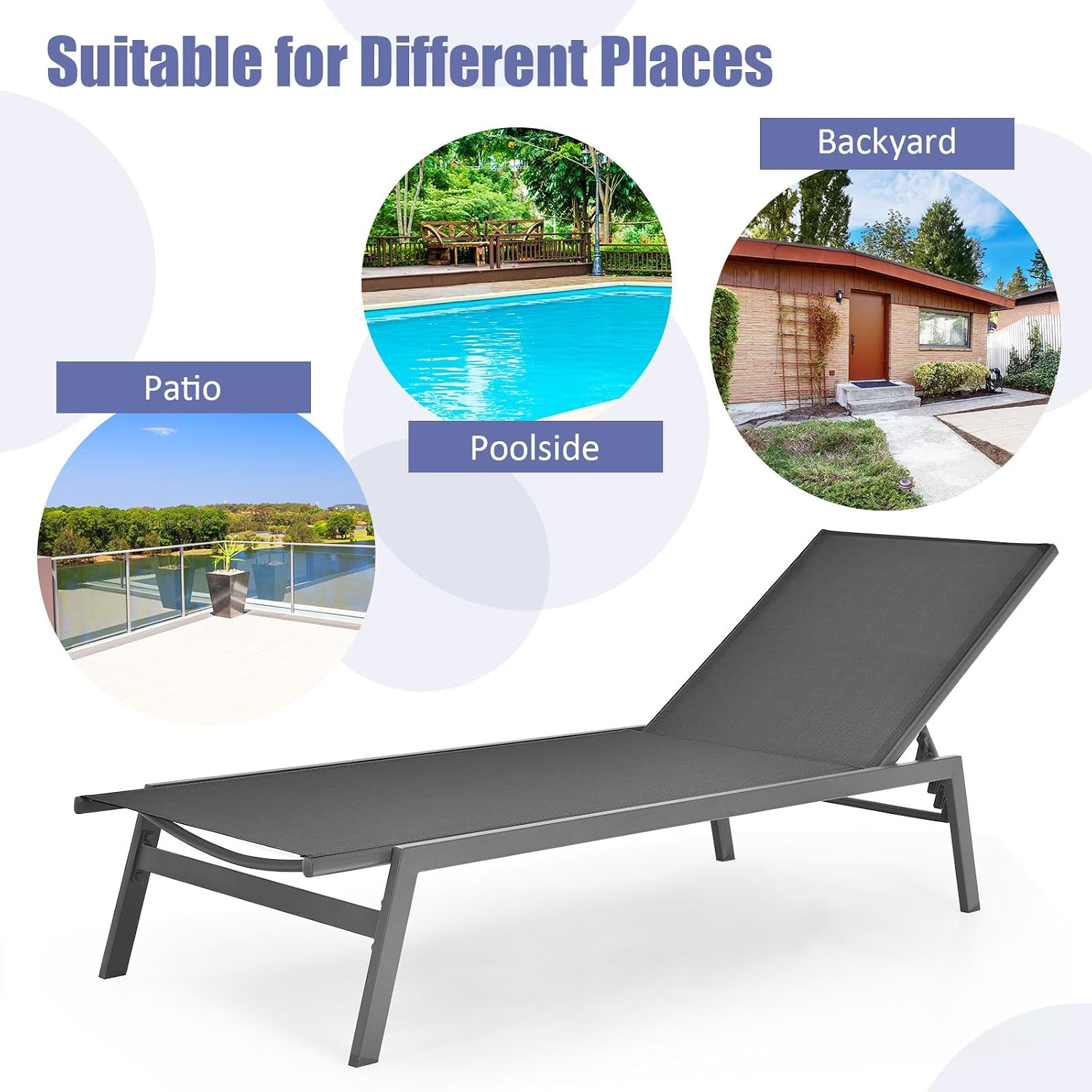 Tangkula Outdoor Chaise Lounge Chair Set of 2, 6-Position Adjustable Reclining Chair with Breathable Fabric and Heavy Duty Steel Frame, Patio Lounge Chair for Garden, Backyard and Poolside (2, Gray)