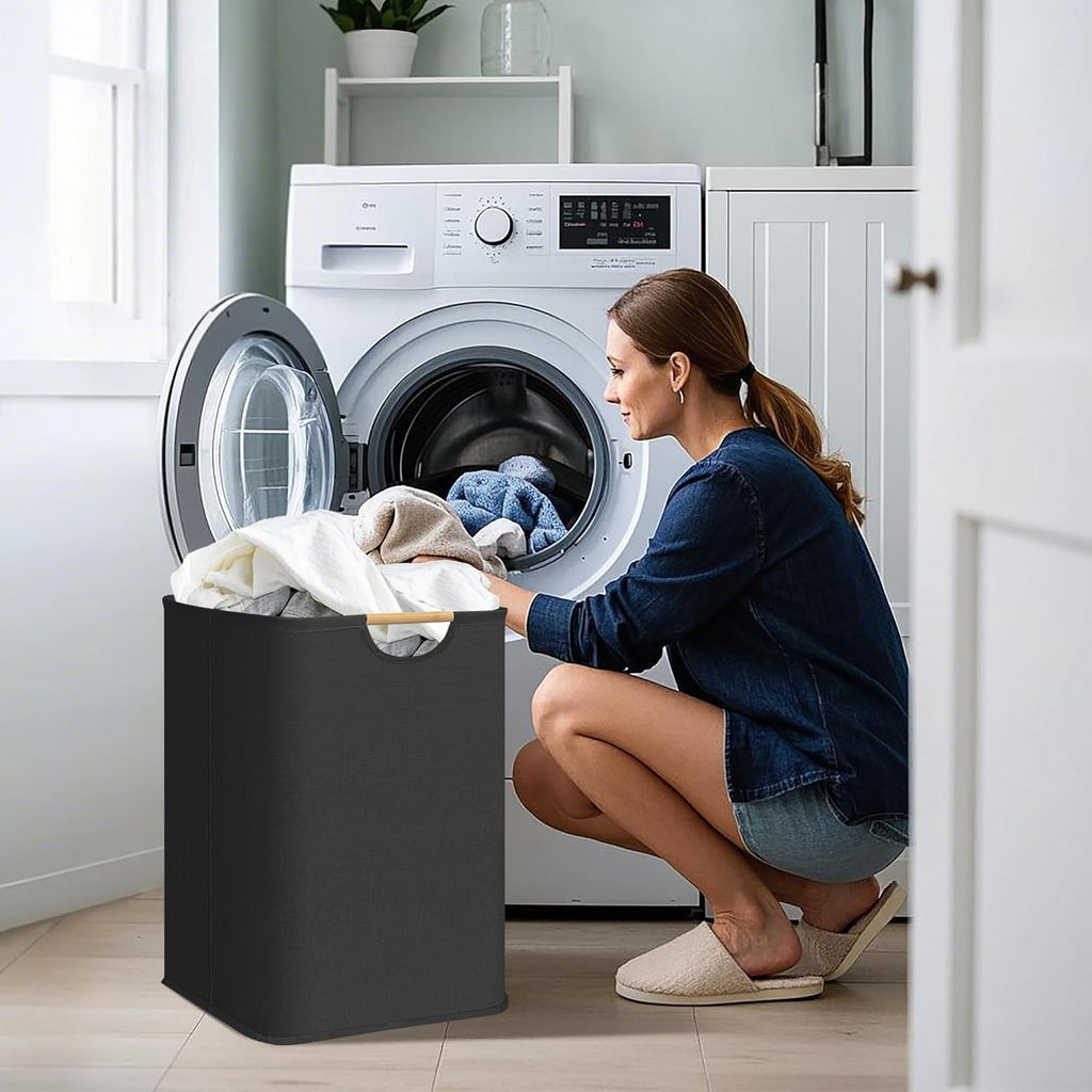 STORAGE MANIAC 2-Pack Large Laundry Hamper, 100L (26.4 Gal) Collapsible Laundry Basket with Bamboo Handles, Freestanding Waterproof Clothes Hamper for Laundry Room, Bedroom, Dorm, Towels, Black