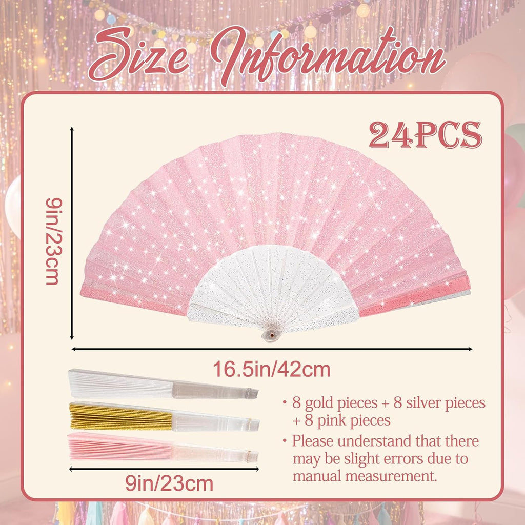 24 Pcs Folding Hand Fans for Dancing,Glitter Handheld Fans, Folding Fans Bulk, for Wedding, Festival, Dance, Tea Party, Club, EDM Decoration(Mixed Colors(Gold+Silver+Pink))