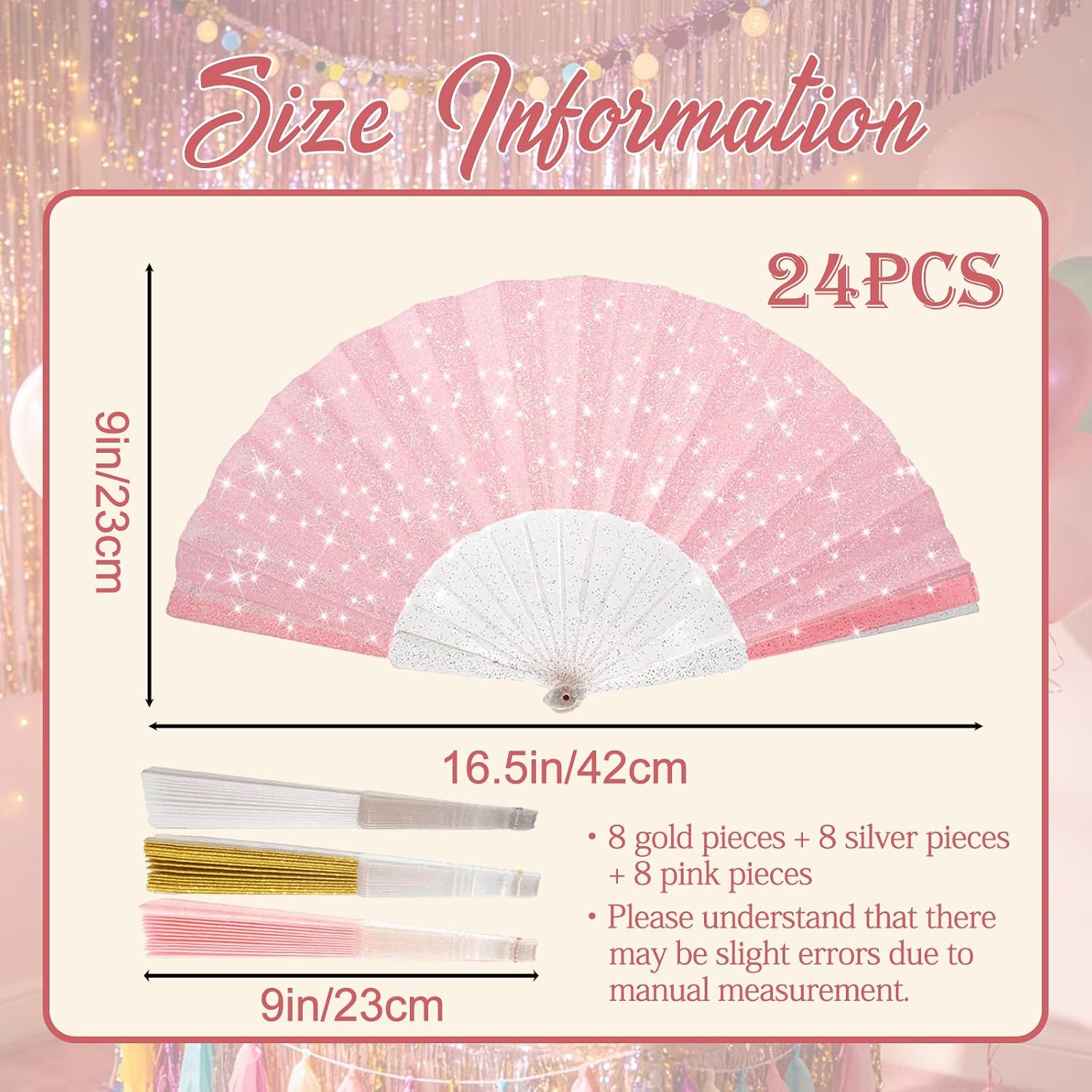 24 Pcs Folding Hand Fans for Dancing,Glitter Handheld Fans, Folding Fans Bulk, for Wedding, Festival, Dance, Tea Party, Club, EDM Decoration(Mixed Colors(Gold+Silver+Pink))