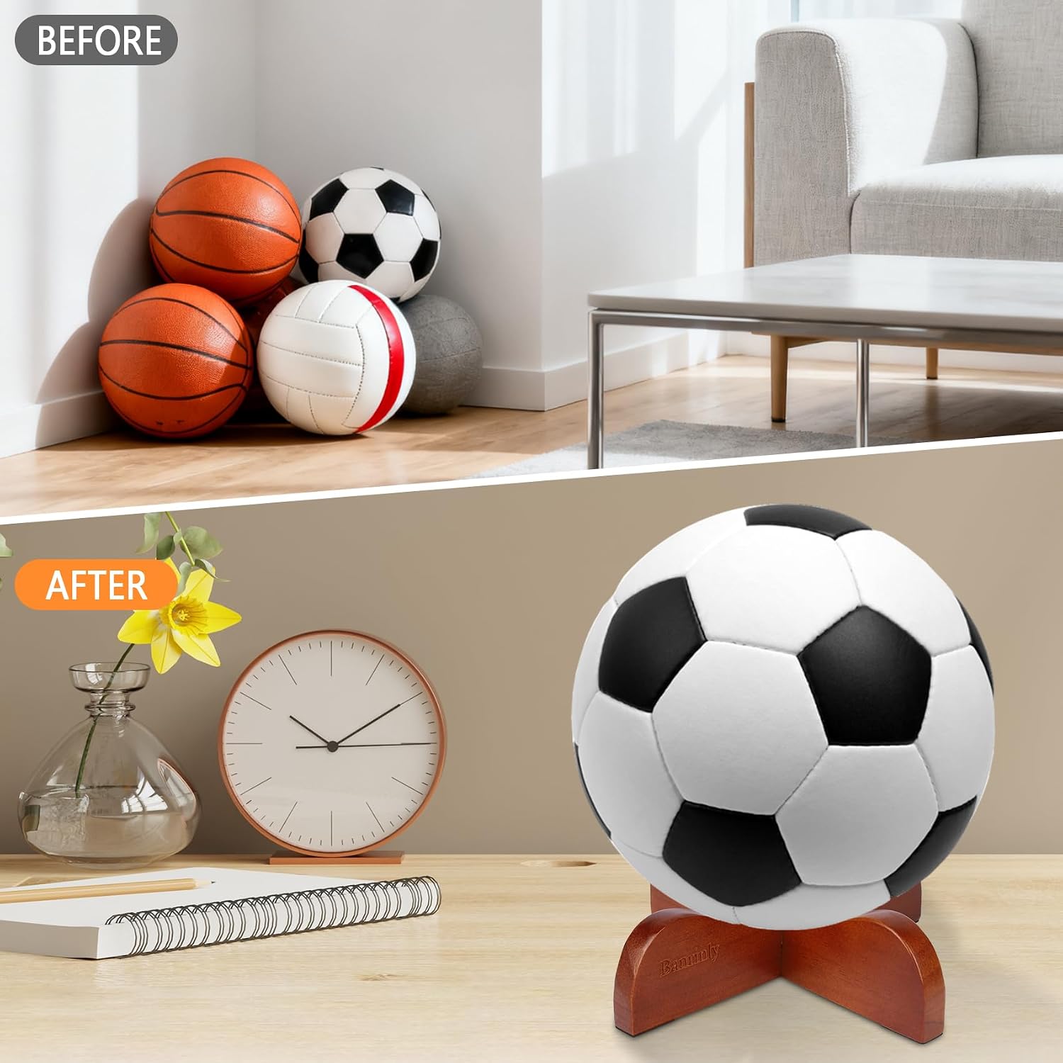 2-Pack Wooden Ball Display Stand - Solid Wood Sports Ball Holder for Football, Basketball, Rugby, Soccer, Volleyball Memorabilia - Premium Ball Display Case Base