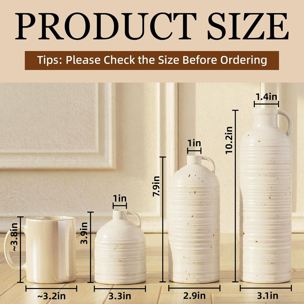Firehold Ceramic Vase Set of 3, Rustic Farmhouse Boho Vases, Textured Country Home Decor, Small Decorative Vases for Shelves Mantel Table, Gift Set for Dried Pampas Grass & Fresh Flowers (White)