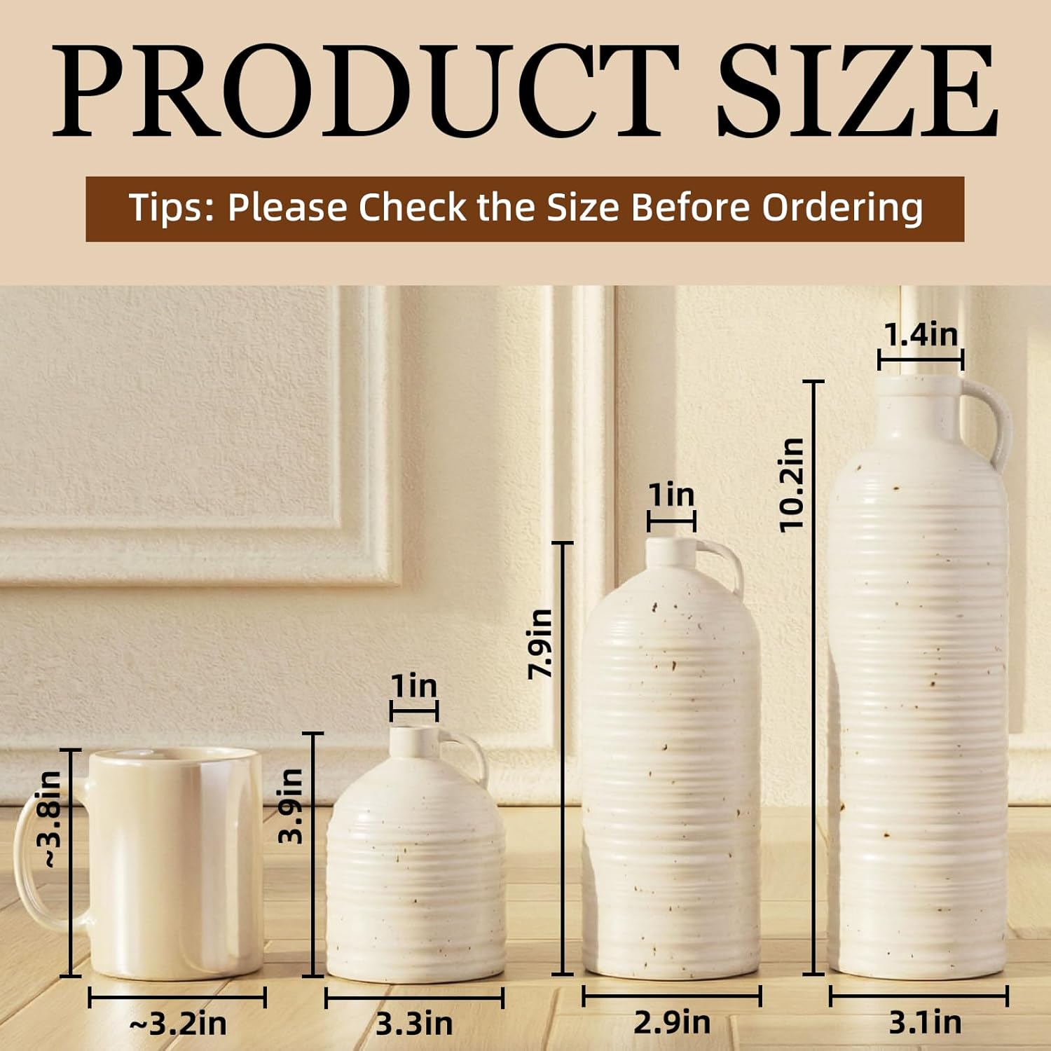 Firehold Ceramic Vase Set of 3, Rustic Farmhouse Boho Vases, Textured Country Home Decor, Small Decorative Vases for Shelves Mantel Table, Gift Set for Dried Pampas Grass & Fresh Flowers (White)
