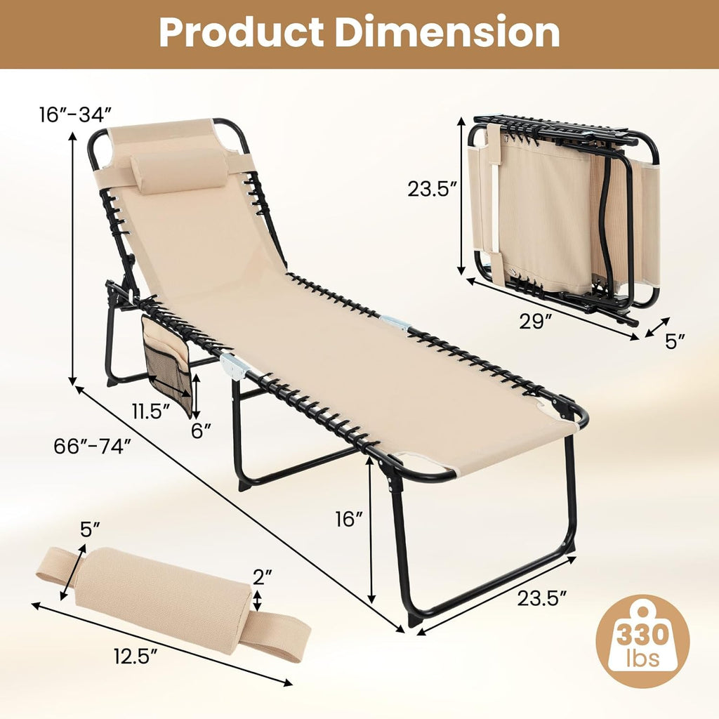 GYMAX Lounge Chairs for Outside, Extra High Folding Beach Tanning Lounger with Adjustable Backrest, Footrest & Removable Pillow, Sunbath Lounge for Patio, Lawn, Poolside (1, Beige with Pocket)
