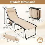 GYMAX Lounge Chairs for Outside, Extra High Folding Beach Tanning Lounger with Adjustable Backrest, Footrest & Removable Pillow, Sunbath Lounge for Patio, Lawn, Poolside (1, Beige with Pocket)