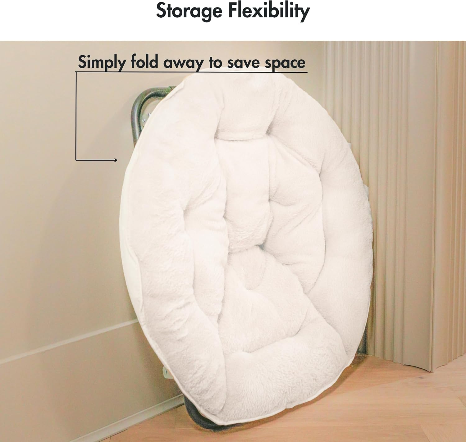 Comfy Faux Fur Saucer Chair for Adults, Foldable Moon Chair with Metal Frame, Soft Padded Lounge Chair for Bedroom, Dorm & Gaming, Large Cozy Circle Chair for Teens & Adults (Off-White)