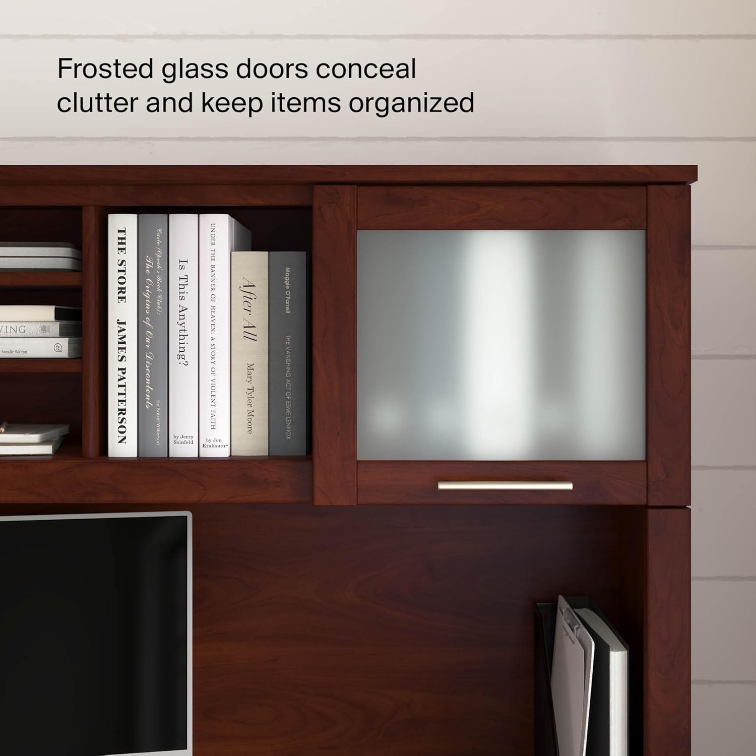 Bush Home 72-Inch Desk Hutch, Office Storage Organizer with Shelves, Cubbies and Frosted Glass Doors for Computer Desk, Home Office Furniture, Somerset Collection, Hansen Cherry