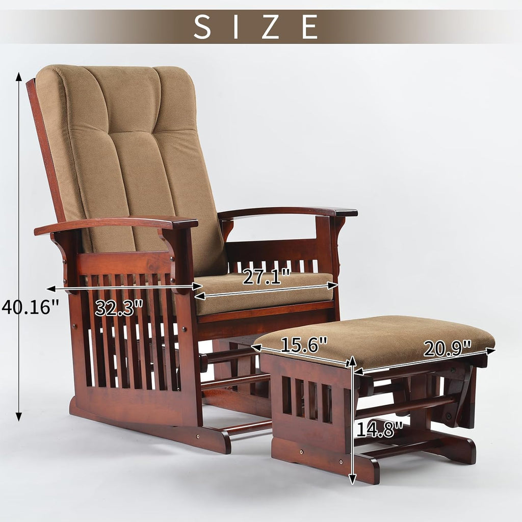 Rustic Glider Chair for Nursery with Ottoman, Resistant Rubber Wood Nursery Glider and Ottoman Sets for Relaxing, Rocking Chair for Living Room Bedroom (Brown)
