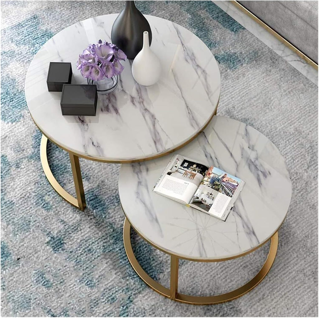 Coffee Table Set of 2， Nest of Tables Marble l White Modern Coffee Table Round Sofa Side End Table Living Room Balcony Nesting Tables，(80cm+60cm)