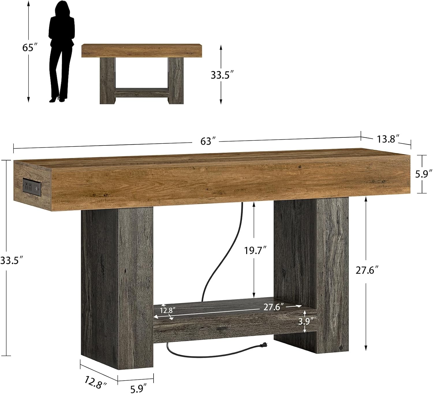 TEENFON 63" Console Tables for Entryway, Sofa Table, Behind The Couch Table with Charging Station and LED Lights, Farmhouse Entryway Table for Entrance, Hallway, Living Room