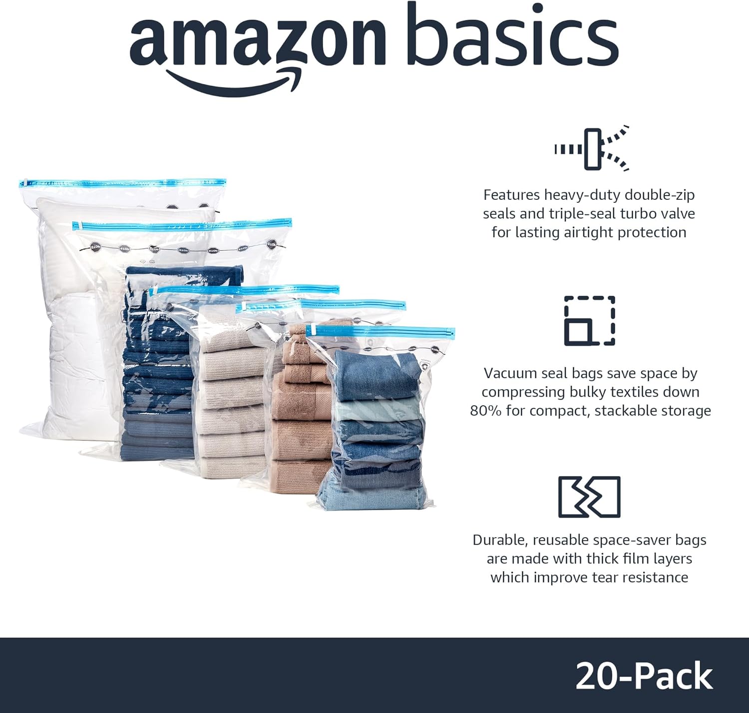 Amazon Basics Vacuum Storage Bags with Hand Pump for Travel, Space Saving Compression Bags for Clothes, Clothing, Blankets and Duvets, Clear, 20 Pack (5 Small, 5 Medium, 5 Large & 5 Jumbo)