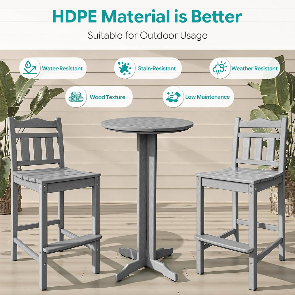 Outdoor Bar Stools Set of 2, HDPE Tall Adirondack Bar Chairs 27.5 Inch Seat Height w/Backrest, All Weather Patio Bar Height Chairs for Bistro Balcony Deck Poolside (Slate Grey)