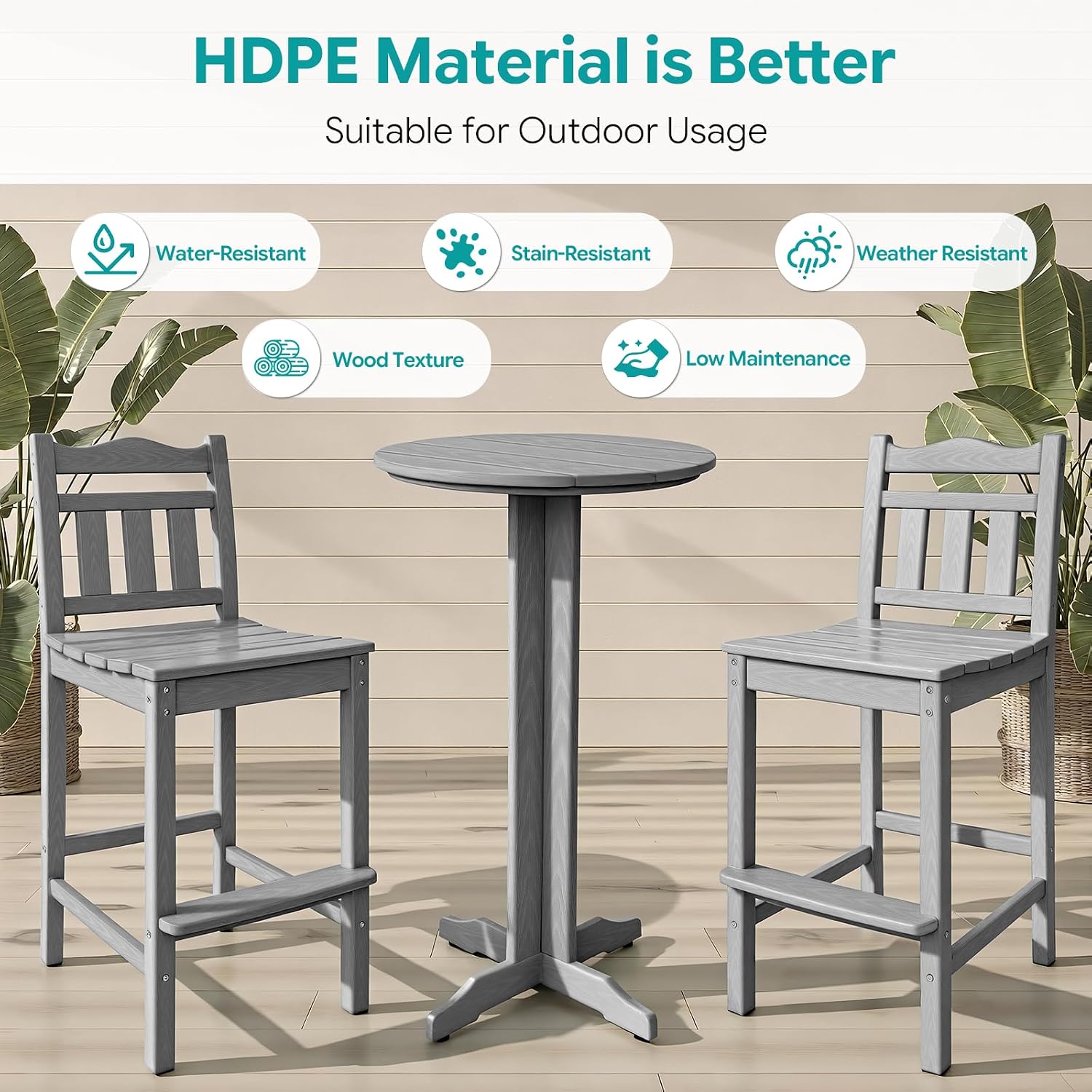 Outdoor Bar Stools Set of 2, HDPE Tall Adirondack Bar Chairs 27.5 Inch Seat Height w/Backrest, All Weather Patio Bar Height Chairs for Bistro Balcony Deck Poolside (Slate Grey)