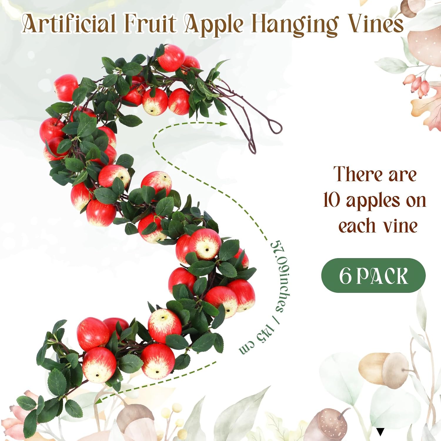 Suncalla 6 Pcs Artificial Apple Garland 57inch Fake Apples Bunch Strings with Stem and Leaves Fruit Hanging Vines Decorations for Kitchen Table Centerpieces Wall Party Birthday