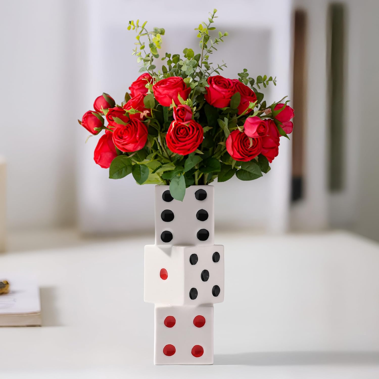 Dice Vase White Ceramic Vase for Home Decor, Unique 70s80s Vintage Decorative Table with Black and White Centerpiece(5.9" H)
