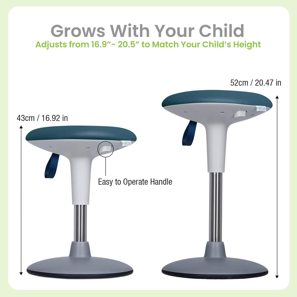 Wobble Stool for Kids Ages 7–12; Adjustable Height Wobble Stool; Classroom Seating with Soft, Easy-to-Clean New Fabric Cushion; Flexible Wiggle Chair for Focus & ADHD + Bonus Visual Timer (Lake Teal)