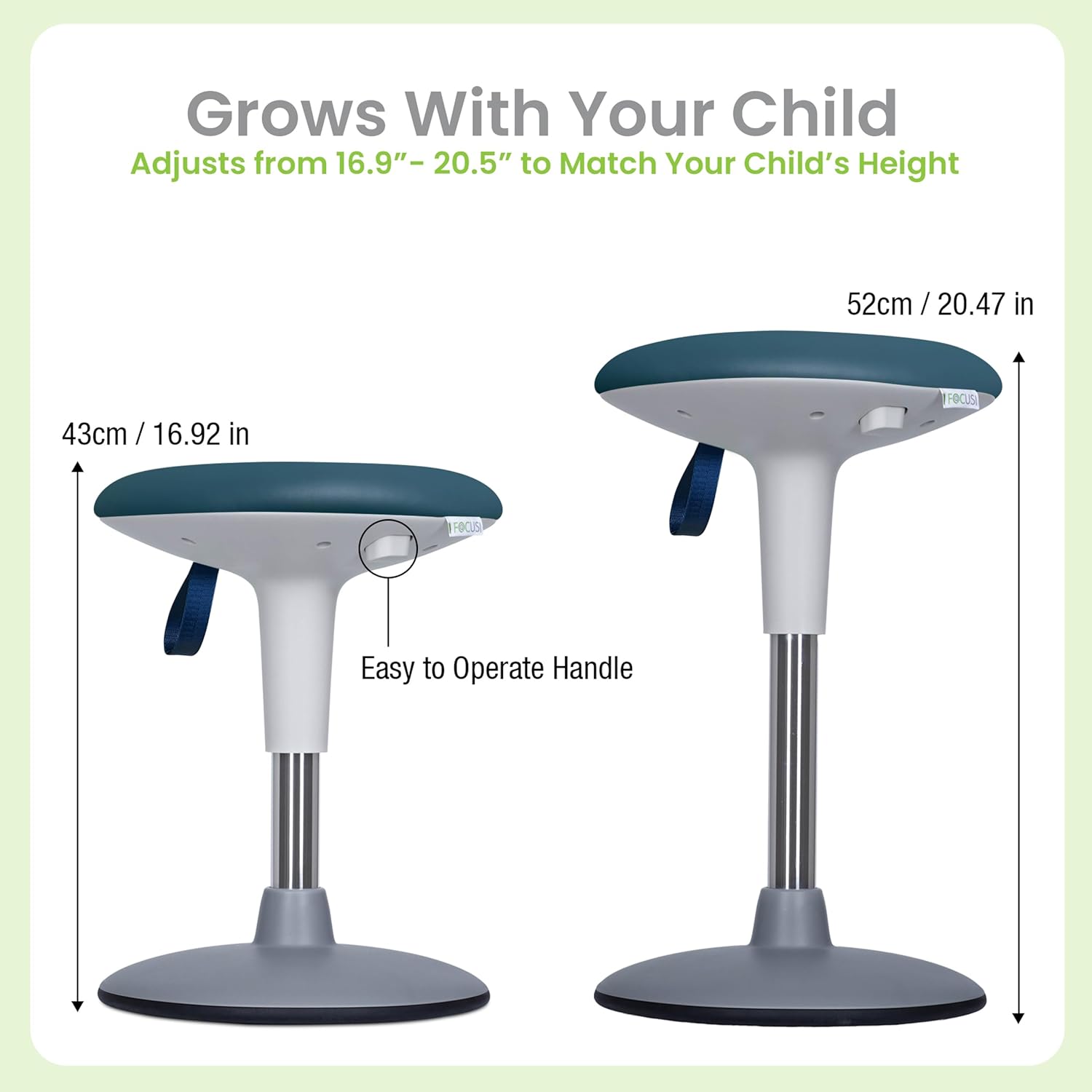 Wobble Stool for Kids Ages 7–12; Adjustable Height Wobble Stool; Classroom Seating with Soft, Easy-to-Clean New Fabric Cushion; Flexible Wiggle Chair for Focus & ADHD + Bonus Visual Timer (Lake Teal)