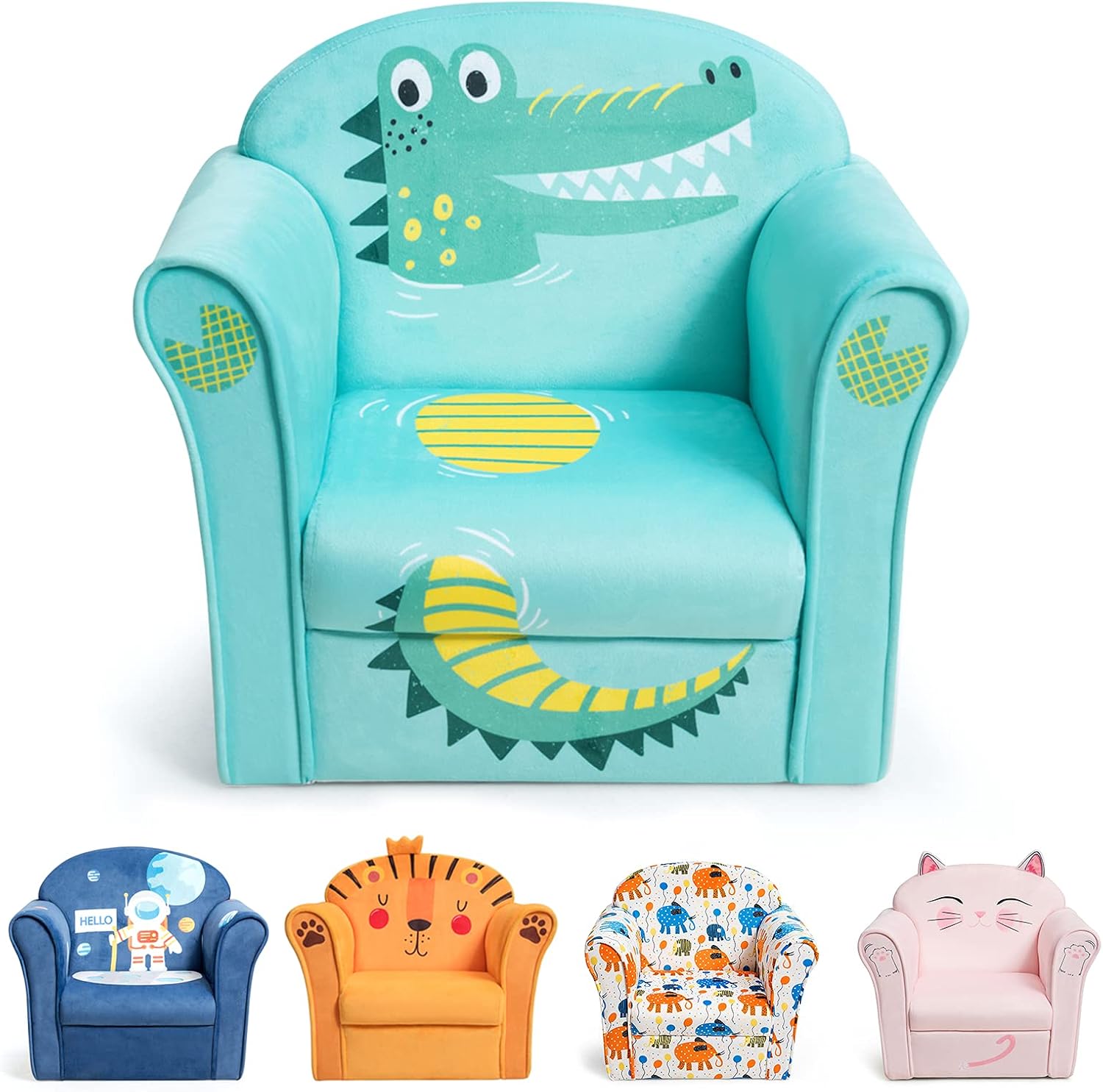 KOTEK Kids Sofa Chair with Cute Pattern, Toddler Upholstered Chair w/Armrest & Backrest, Wooden Frame, Kids Couch Children Armchair for Boys Girls, Mini Sofa Chair for Preschool Children (Crocodile)
