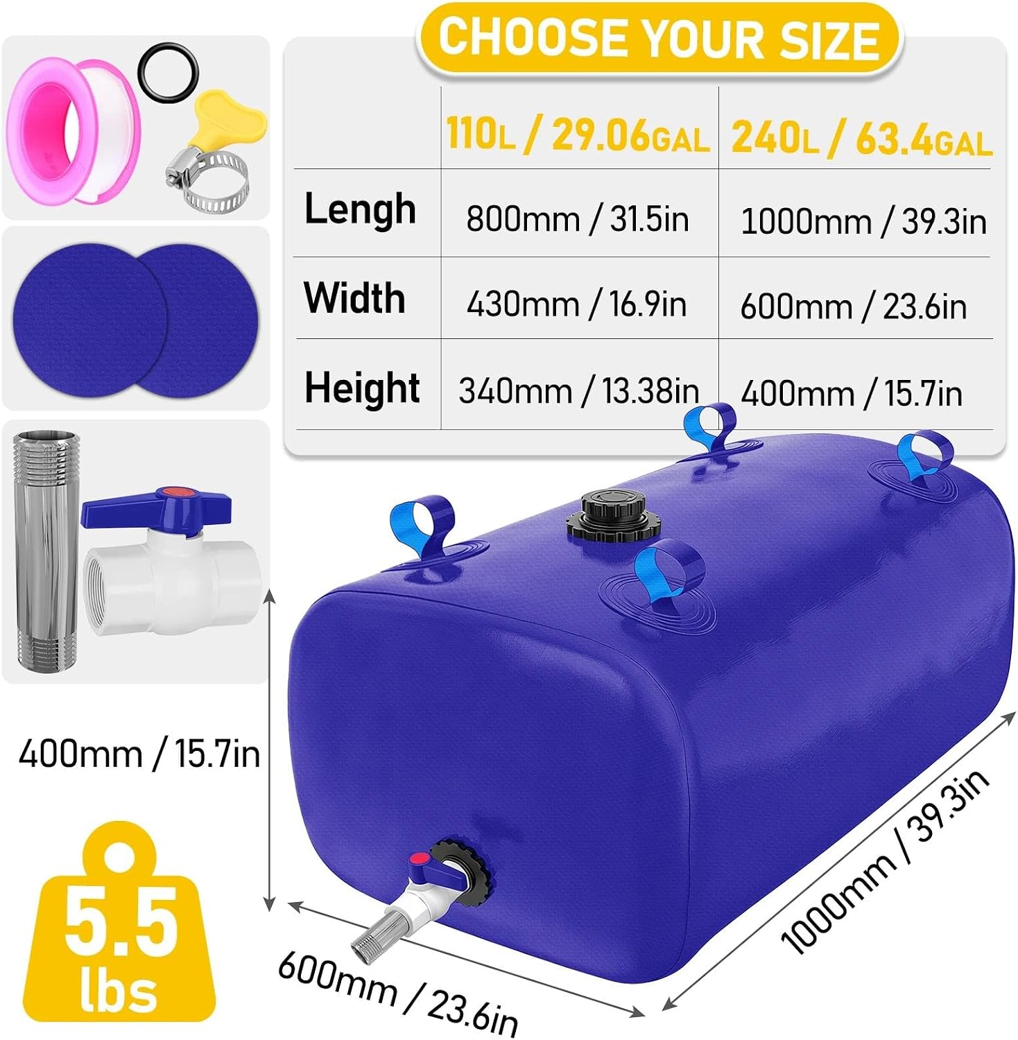 240L/63.4 Gallon Large Capacity Collapsible Water Storage Bladder, Portable Foldable Soft Water Bladder Tank, Leakproof Tear-Resistant Emergency Water Container for RV, Truck & Outdoor Use