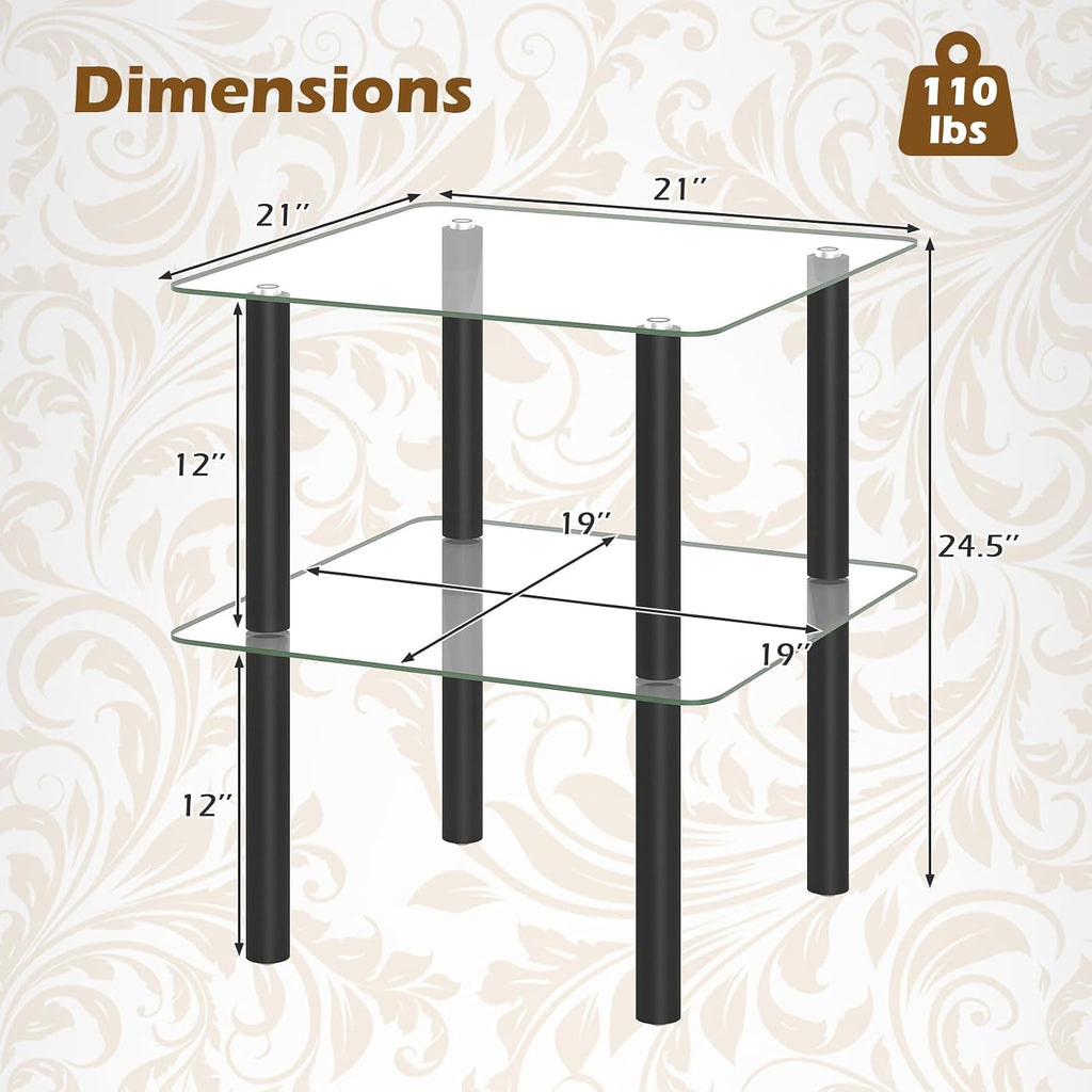Giantex Square End Table, 2-Tier Sofa Side Table with Clear Tempered Glass Top & Shelf, Small Accent Table with Solid Rubber Wood Legs for Living Room Bedroom Home Office (Black & Clear)