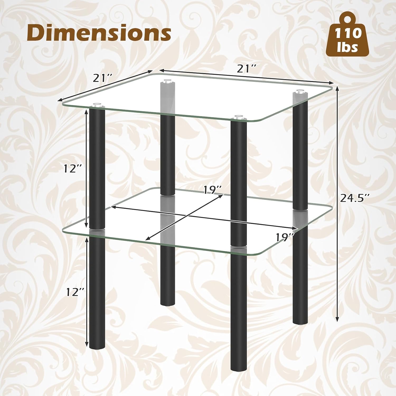 Giantex Square End Table, 2-Tier Sofa Side Table with Clear Tempered Glass Top & Shelf, Small Accent Table with Solid Rubber Wood Legs for Living Room Bedroom Home Office (Black & Clear)