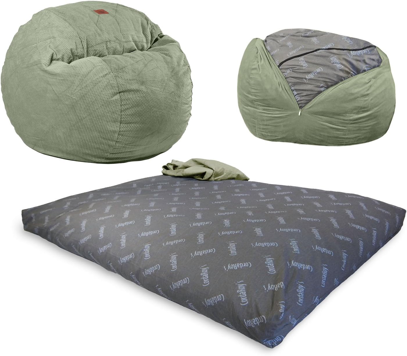 CordaRoy's Chenille Bean Bag Chair, Convertible Chair Folds from Bean Bag to Lounger, As Seen on Shark Tank, Moss - Full Size