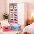 2PCS Storage Boxes with Lid Cotton Linen Fabric Storage Bins Organizer Container Decorative Collapsible Washable Shelf Closet Baskets Faux Leather Handles Home Bedroom (Linen, Large)