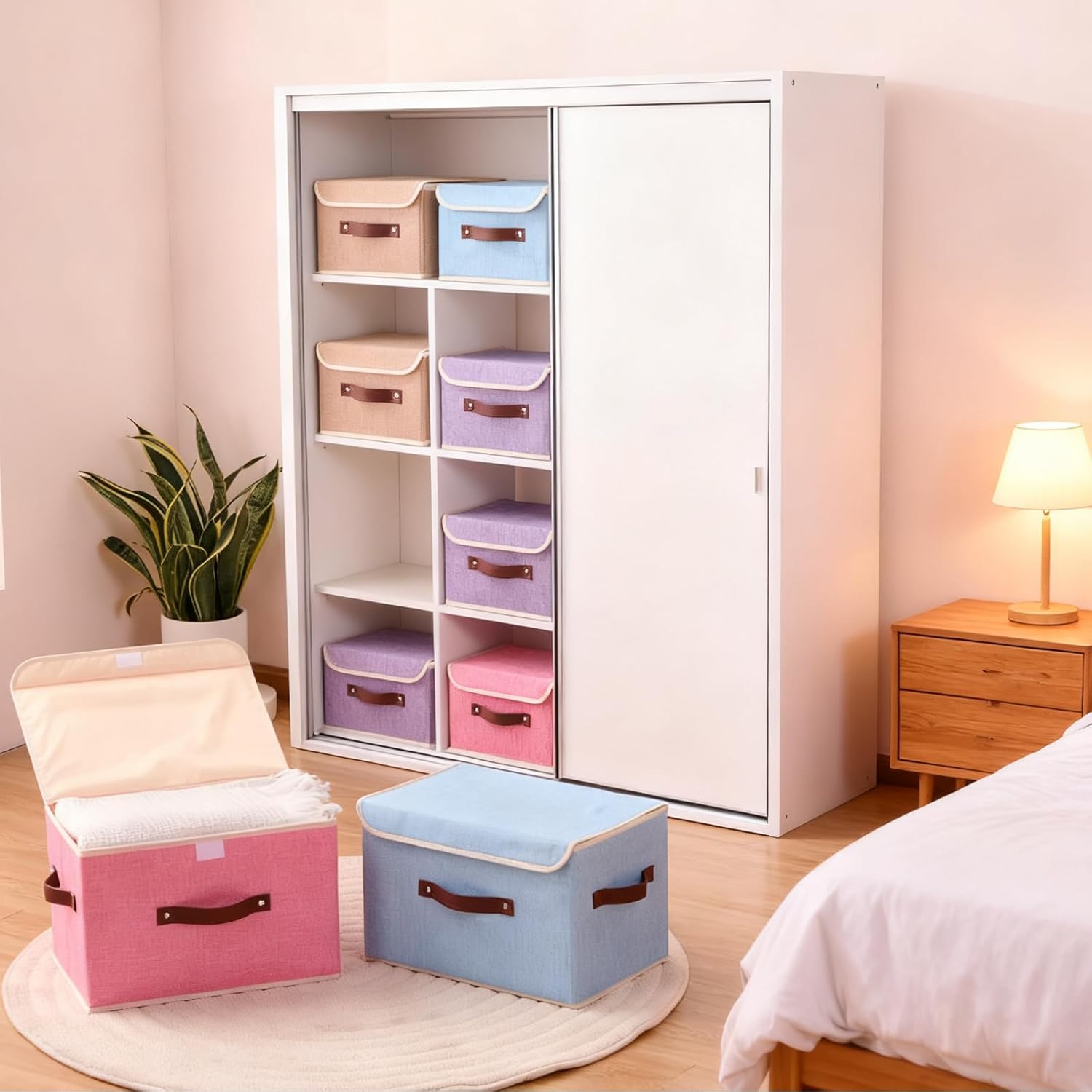 2PCS Storage Boxes with Lid Cotton Linen Fabric Storage Bins Organizer Container Decorative Collapsible Washable Shelf Closet Baskets Faux Leather Handles Home Bedroom (Linen, Large)