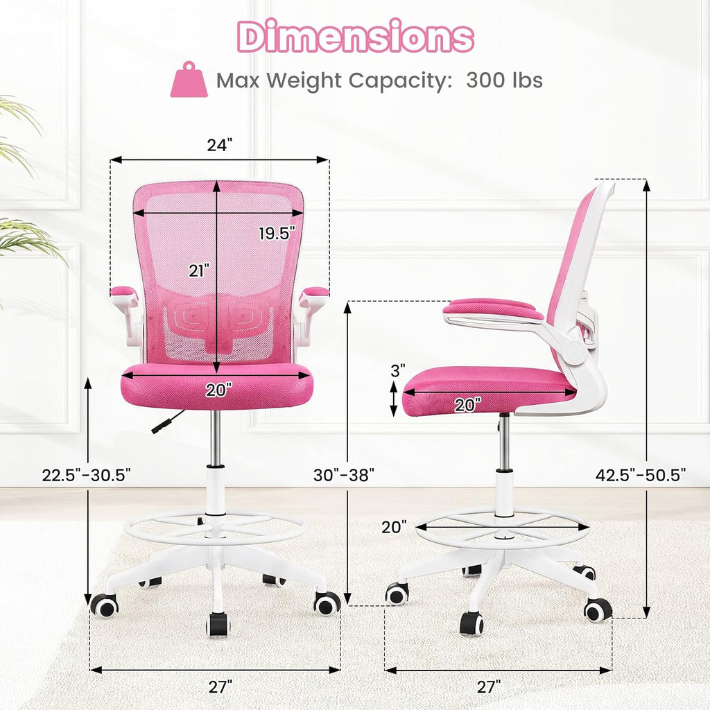 Giantex Ergonomic Drafting Chair Tall Office Chair with Flip-Up Armrests Footrest Ring Height Adjustable Executive Task Chair Mesh Computer Standing Desk Chair Lumbar Support for Home Office (Pink)