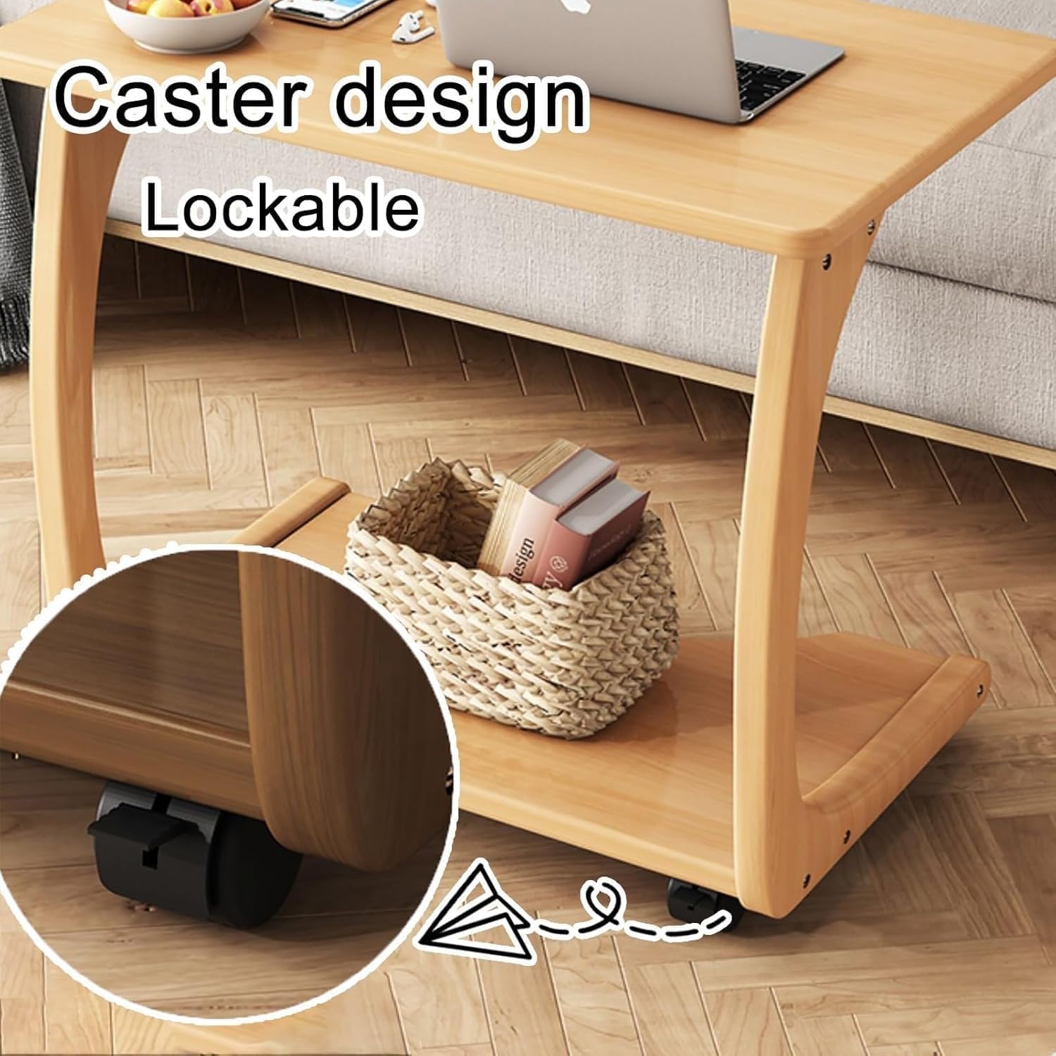 C-Shaped Rolling Sofa Side Table with Wheels, Mobile Snack End Table, Portable Workstation for Living Room and Bedside (Natural 60cm)