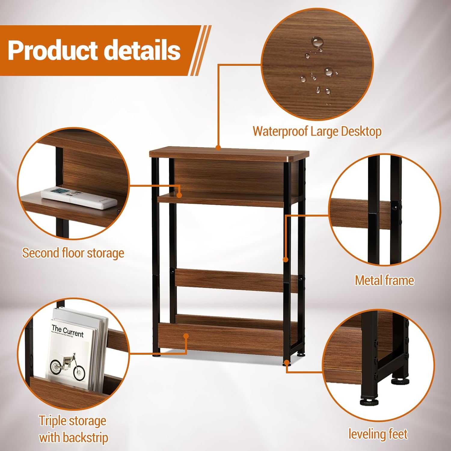 Narrow Side Table with Storage Shelf, 3-Tier Slim End Table with Magazine Holder, Modern Thin Side Tables for Couch or Small Spaces, Skinny Nightstand for Living Room or Bedroom Walnut