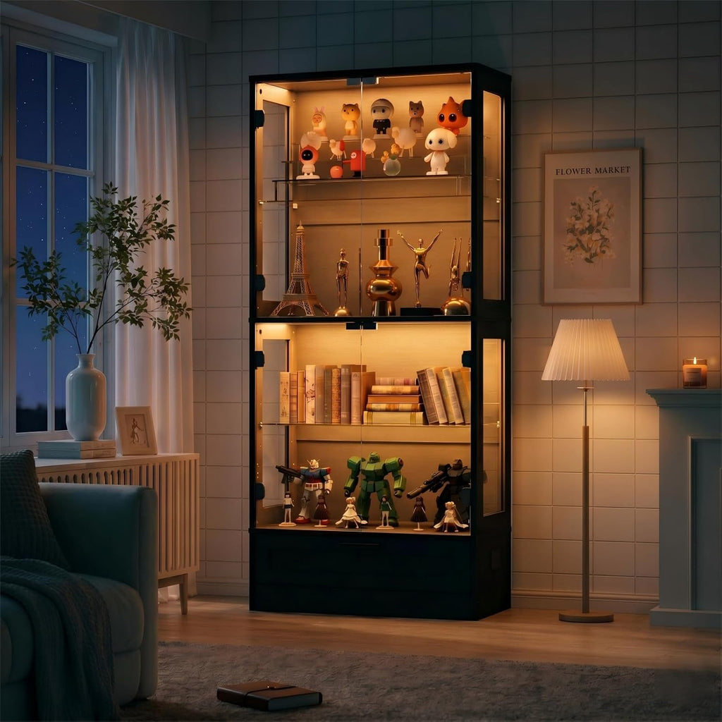 Glass Display Cabinet, 4-Tier Showcase with Drawer and Acrylic Layers, Glass Display Case & Bookcase with Human Body Sensor, 4-Tier Curio Cabinet with 3 Color Lights for Collectibles, Black