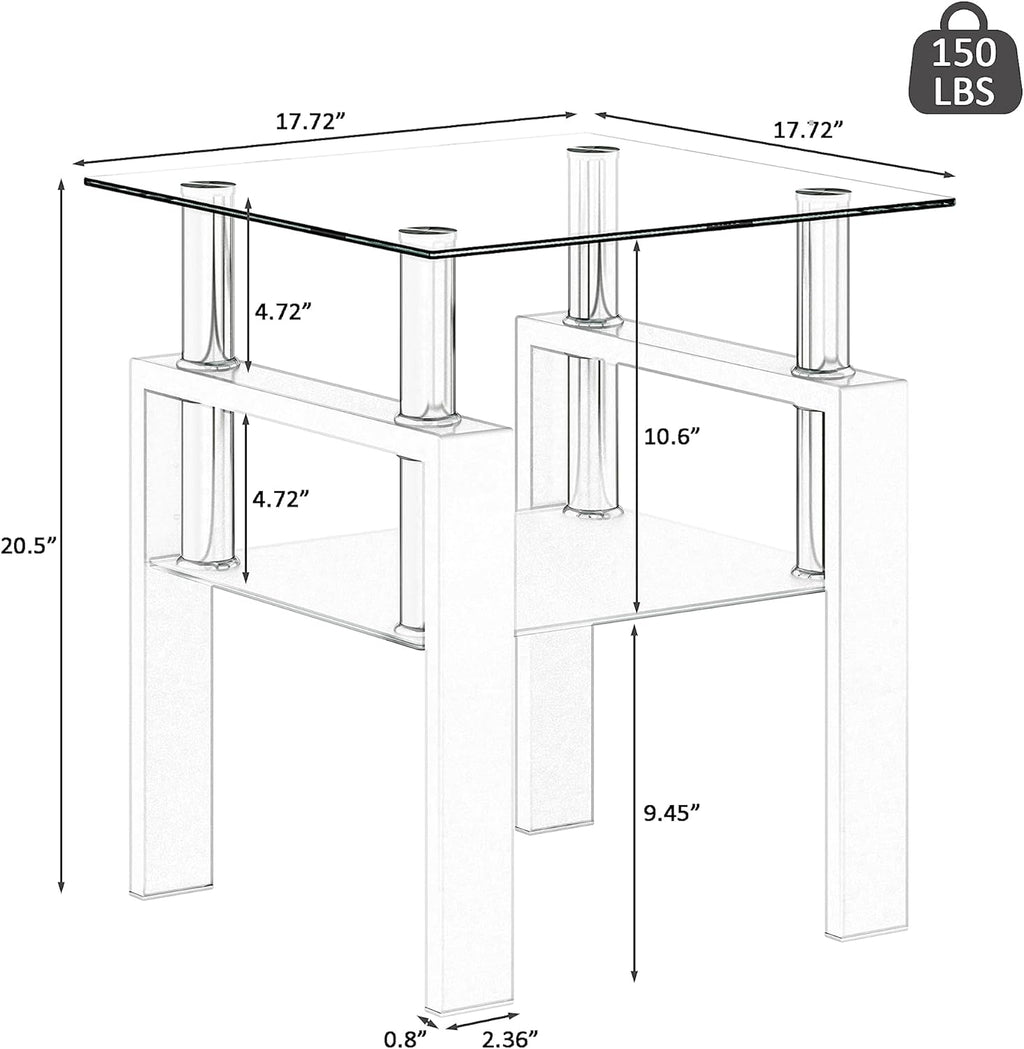 BIGTO 2 Pcs Tempered Glass Side Table, End Table for Living Room, Sofa Table White 17.72''*17.72''*20.5''Living Room Furniture