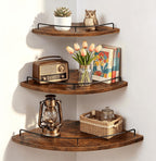 Homode Corner Shelf Wall Mounted Set of 3, Corner Floating Shelves 9/10/12 Inch Deep, Wood Round Corner Hanging Display Shelf with Guardrail for Bathroom Bedroom Kitchen Living Room, Rustic Brown