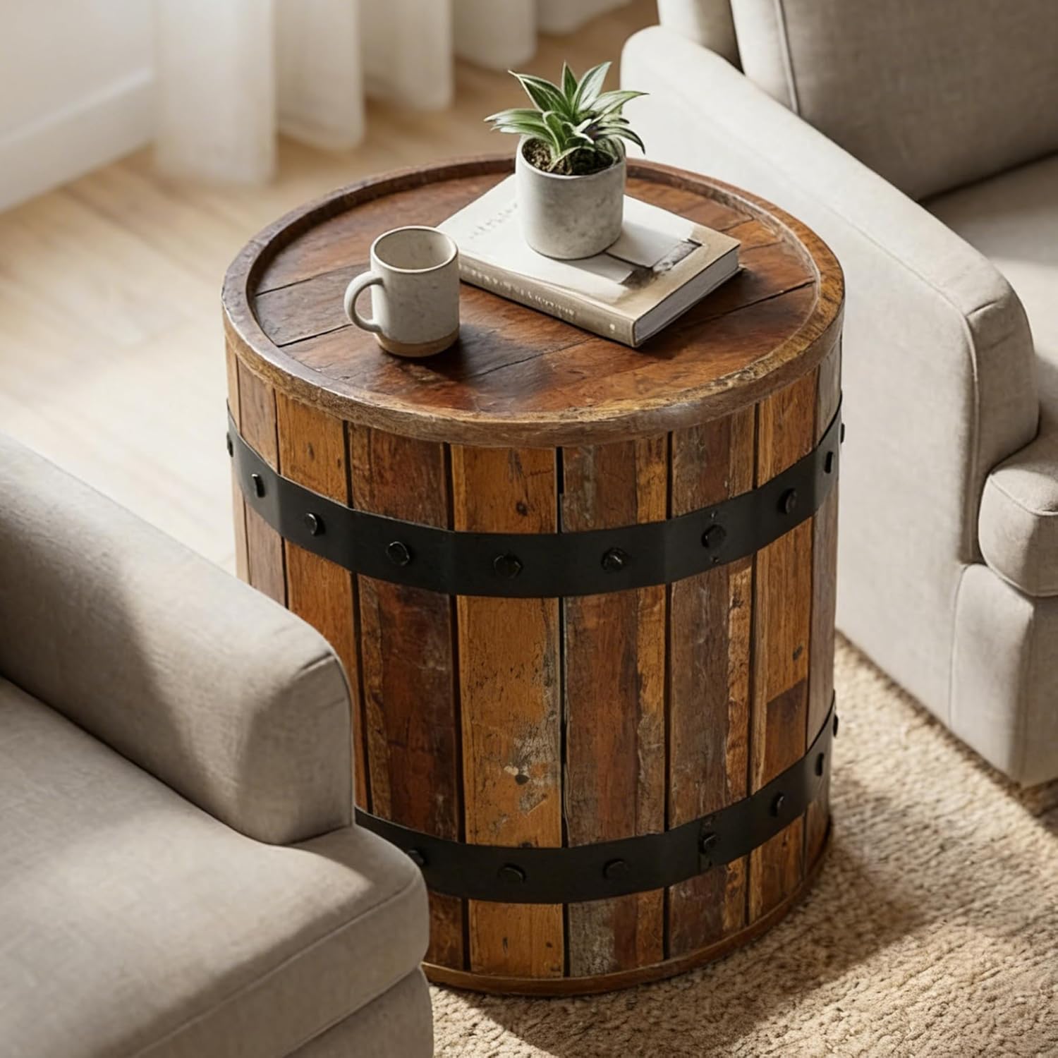 Tribesigns Barrel Side Table with Hidden Storage, 19.68" Farmhouse Round Rustic Wood End Table with Removable Lid, 24" Tall Sofa Side Bedside Nightstand for Living Room (1 PCS)