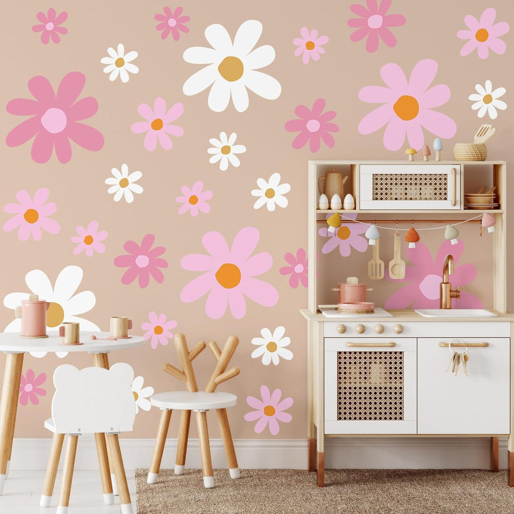 TaoBary 12 Sheet Daisy Wall Sticker Decal Removable Cute Daisy Bedroom Room Decor Flower Wall Sticker Pink White Flower Decal Wallpaper Peel and Stick for Nursery Home(Pink Color,Vibrant Style)