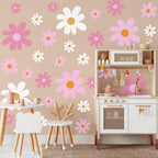 TaoBary 12 Sheet Daisy Wall Sticker Decal Removable Cute Daisy Bedroom Room Decor Flower Wall Sticker Pink White Flower Decal Wallpaper Peel and Stick for Nursery Home(Pink Color,Vibrant Style)