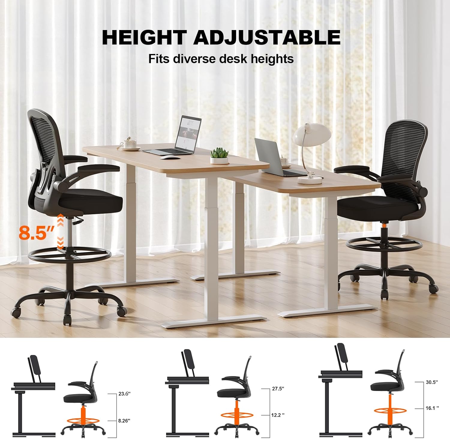Synorla Ergonomic Drafting Chair, Tall Office Chair with Flip-up Armrests, Breathable Mesh High Desk Chair with Lumbar Support Adjustable Footrest Ring for Standing Desk Black