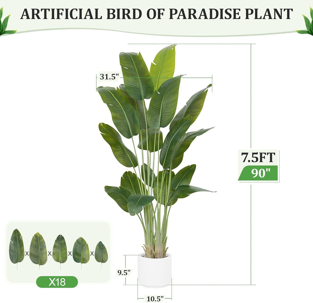 Artificial Bird of Paradise Plant 7.5Ft Tall Fake Tropical Palm Tree Large Fake Plants with 18 Silk Banana Leaves Faux Plant Indoor Decor Trees White Pot for Home Bedroom Living Room Office