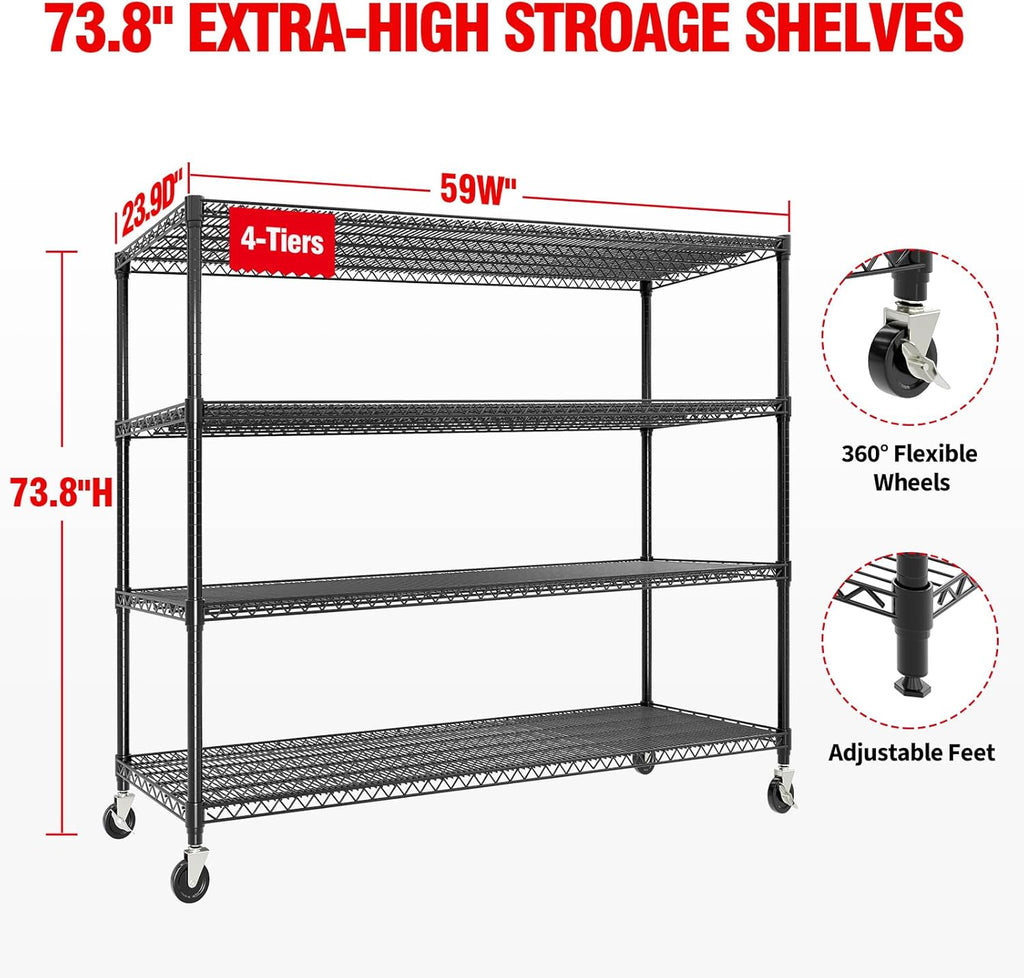 4-Tiers Storage Shelves 73" H Heavy Duty Metal Shelving with Wheels, 2640LBS Load Wire Shelving Rack Garage Shelves for Pantry Kitchen Industrial Warehouse Office, 59" W x 23.9" D