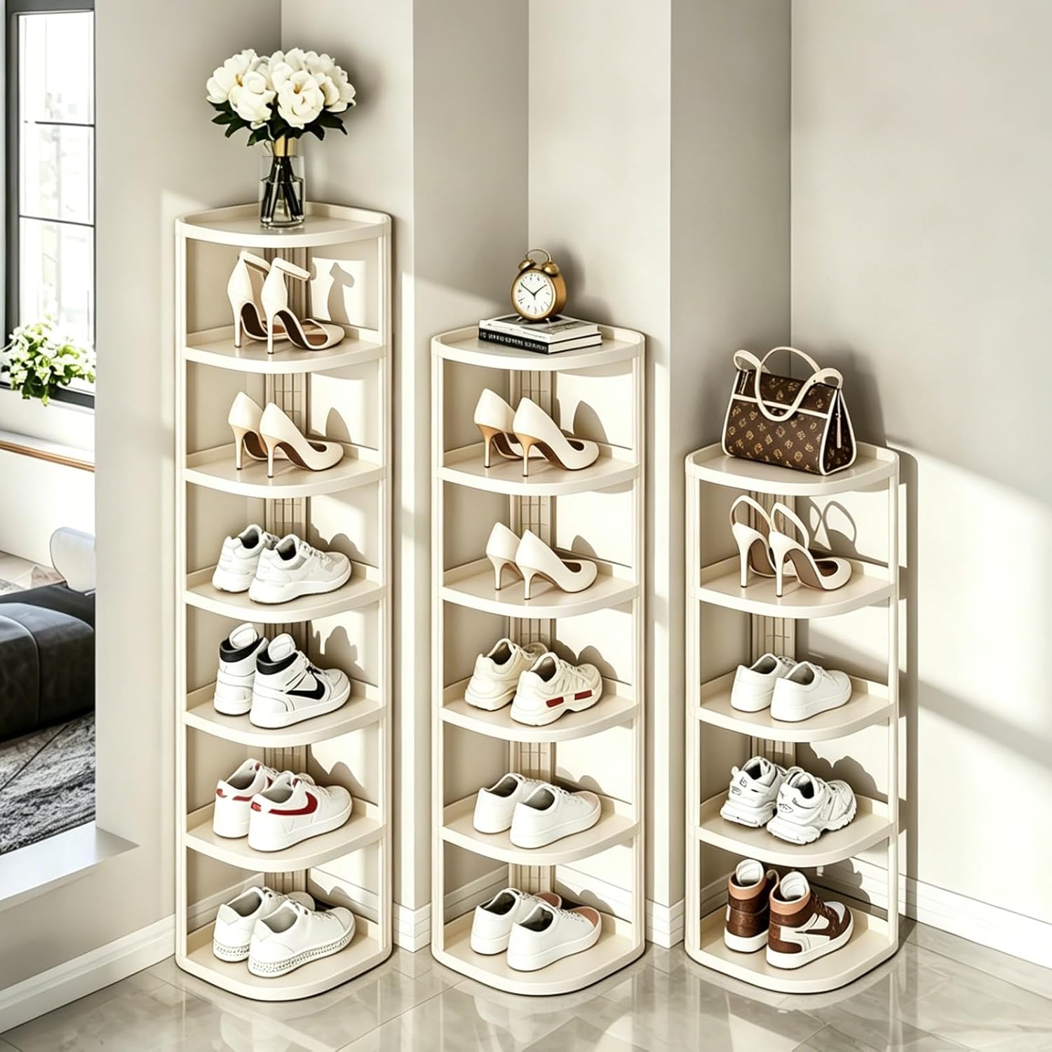 UFORU 9 Tier Vertical Shoe Rack, Corner Shoe Organizer for Entryway, Narrow Free Standing Shoe Organizer for Small Spaces, Easy Assembly Tall Shoe Storage Stand, Ideal for Low-Top Sneakers