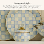 MACKENZIE-CHILDS Enamel Squashed Pot, Enamelware Storage Canister with Lid, 20-Ounce Capacity, Light-Blue-and-White Sky Check